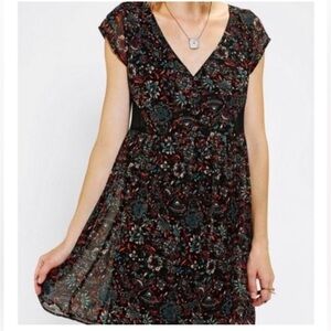 Ecote (Urban Outfitters) Floral Printed Black Mini Dress with Mesh Inserts